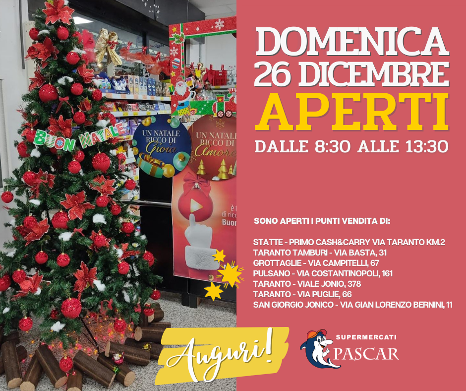Domenica 26 Dicembre, siamo aperti!