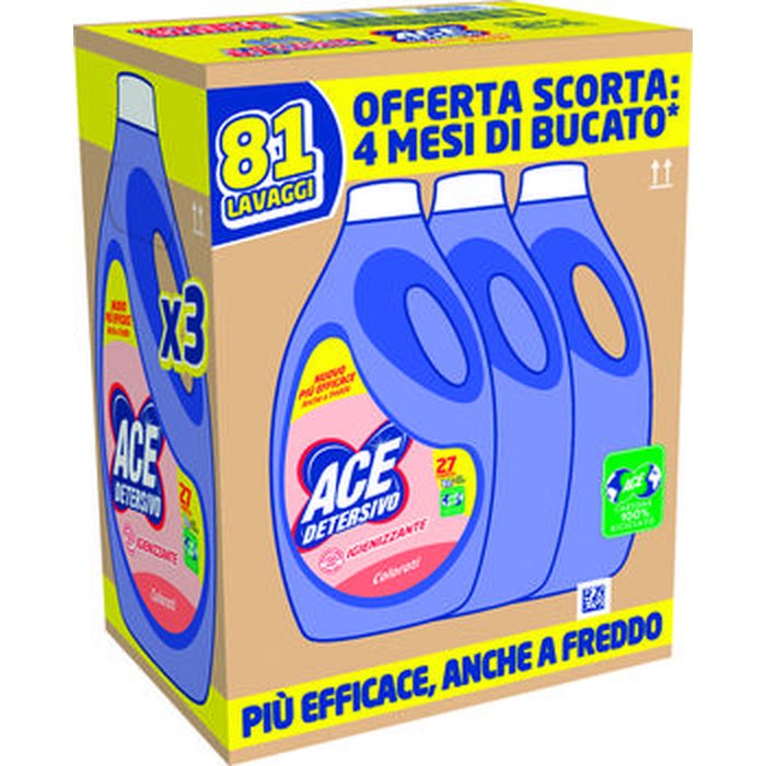 Ace detersivo liquido lavatrice igienizzante classico/talco e muschio bianco/colorati 27 lavaggi x 3
