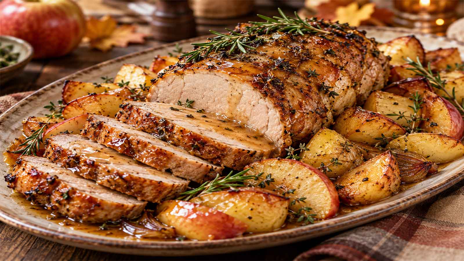 Arrosto di maiale con mele e patate al forno